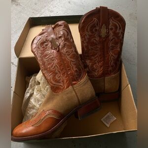 Woman Brown and Tan Cowboy Boots
